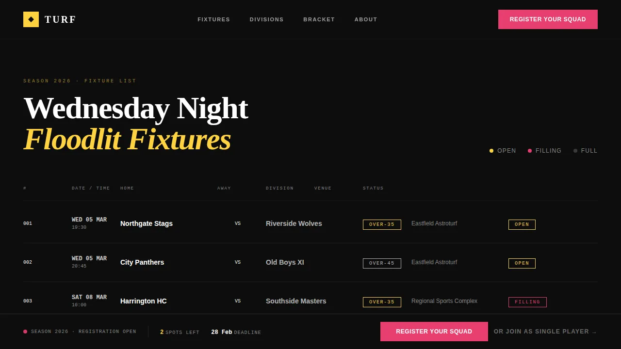 Masters Field Hockey League Landing Page Template