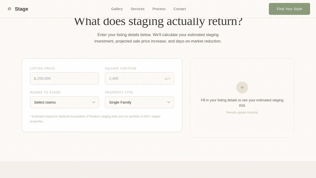 Home Staging & Decor Cost Estimator Website Template