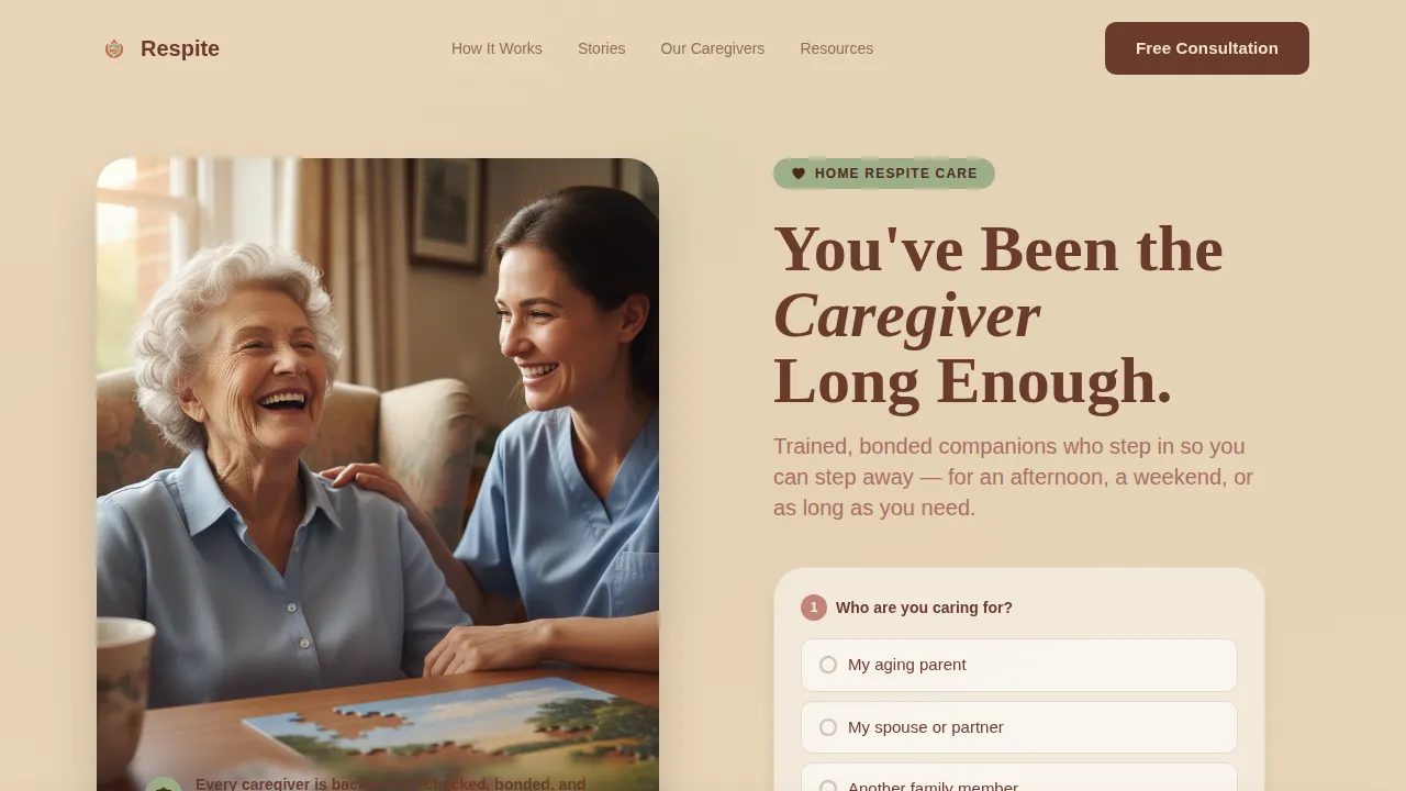 Respite — Compassionate Caregiver Relief Landing Page Template