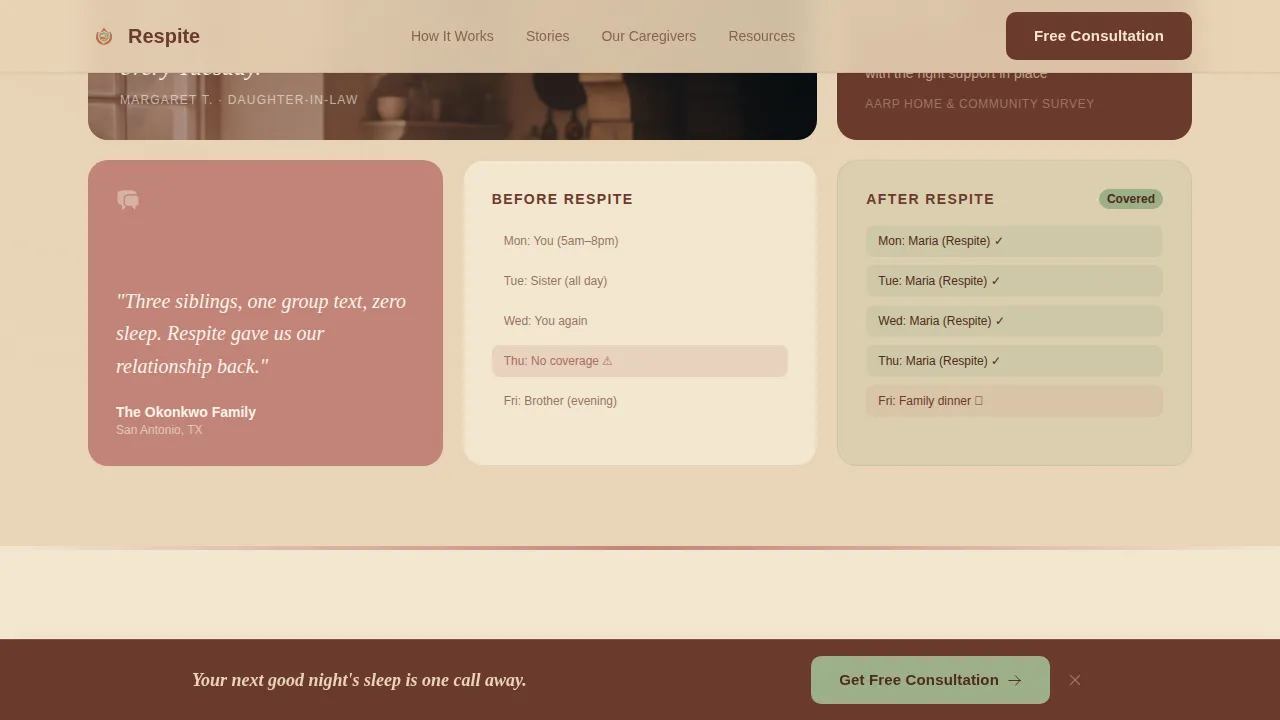 Respite — Compassionate Caregiver Relief Landing Page Template