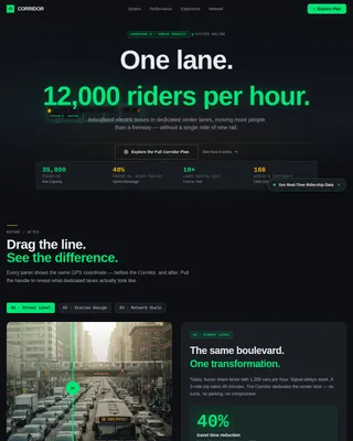 Corridor - Cinematic Dark BRT Transit Landing Page Template