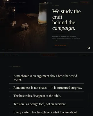 Arcana - Craft-Driven Tabletop RPG Design Blog Landing Page Template
