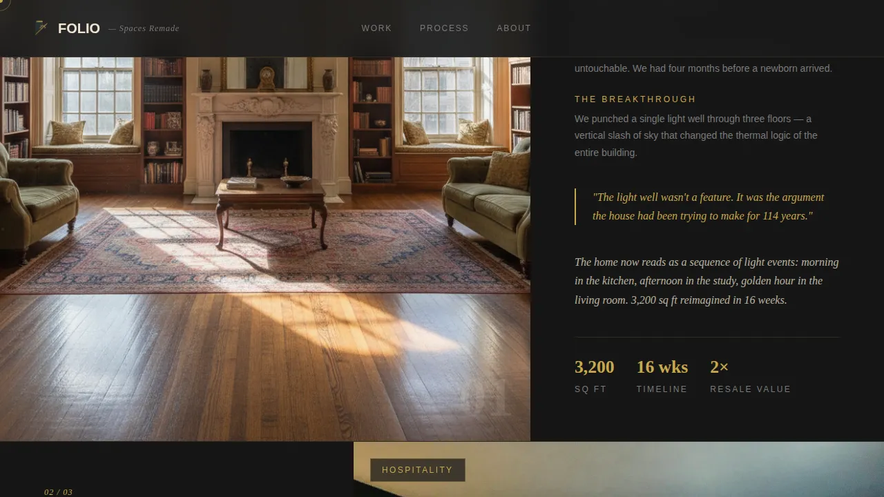 Folio, Interior Designer Case Study Portfolio Landing Page