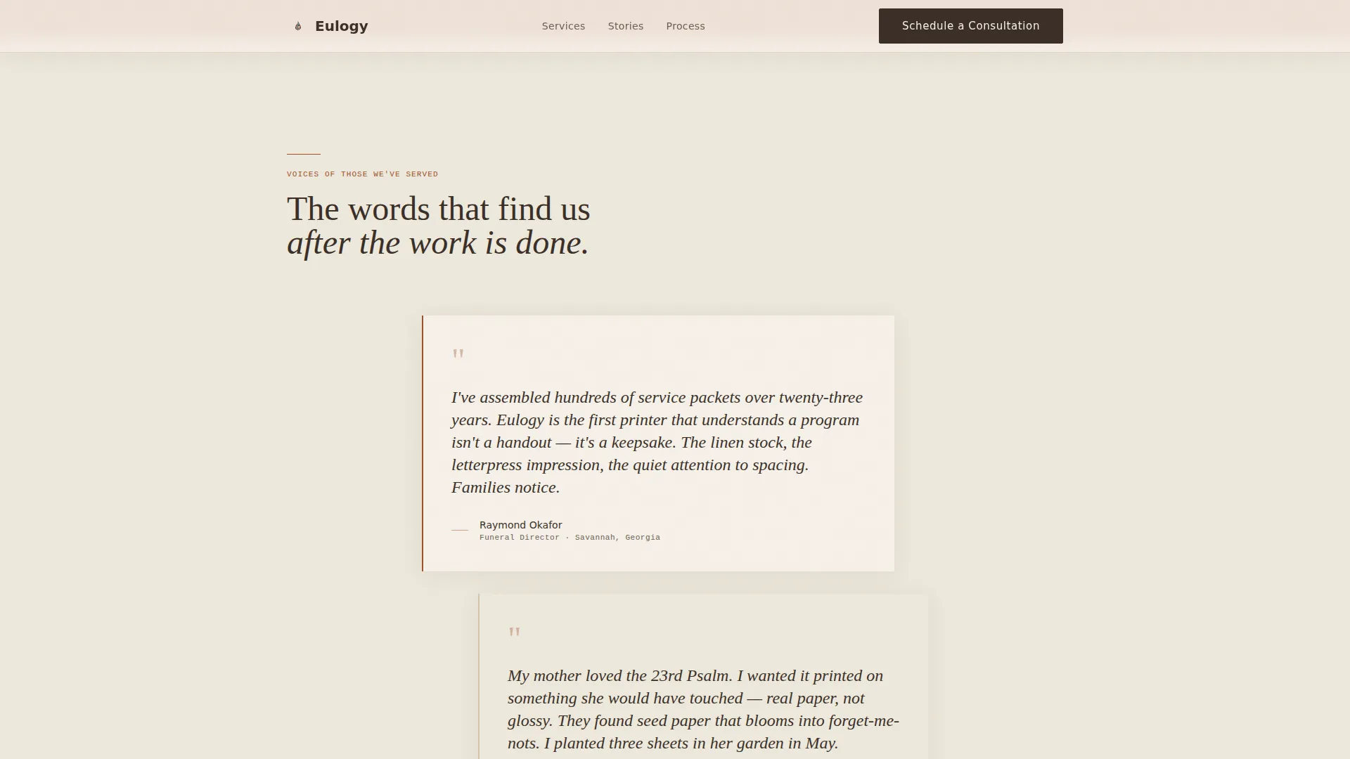 Eulogy - Handcrafted Memorial Stationery Landing Page Template