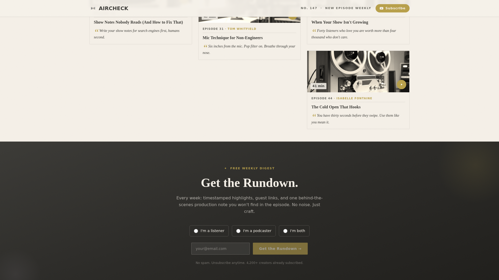 Aircheck - Timeless Podcasting Landing Page Template