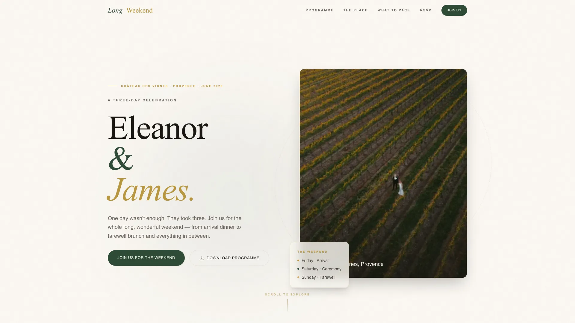 Longweekend — Editorial Destination Wedding Landing Page Template